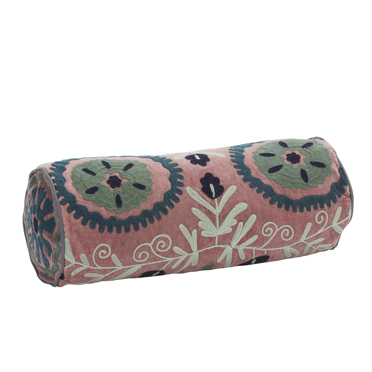 Suzani embroidered velvet bolster cushion