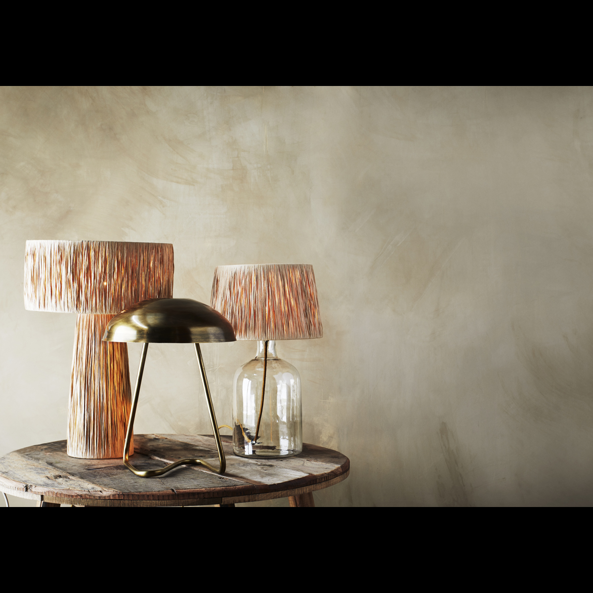 Glass table lamp w/ raffia shade