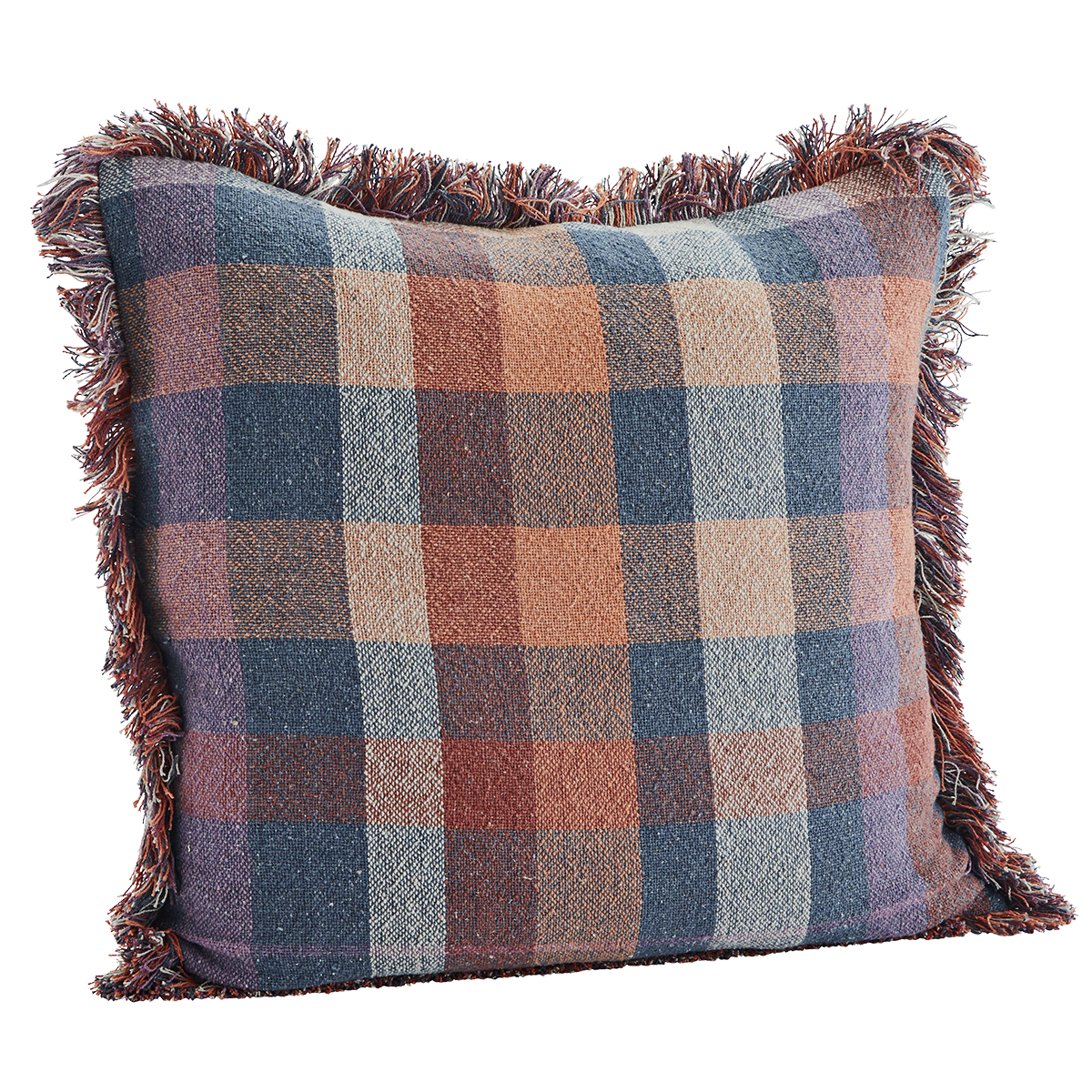 Checked cushion cover w/ fringes