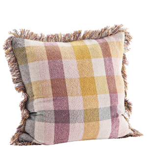 Checked cushion cover w/ fringes