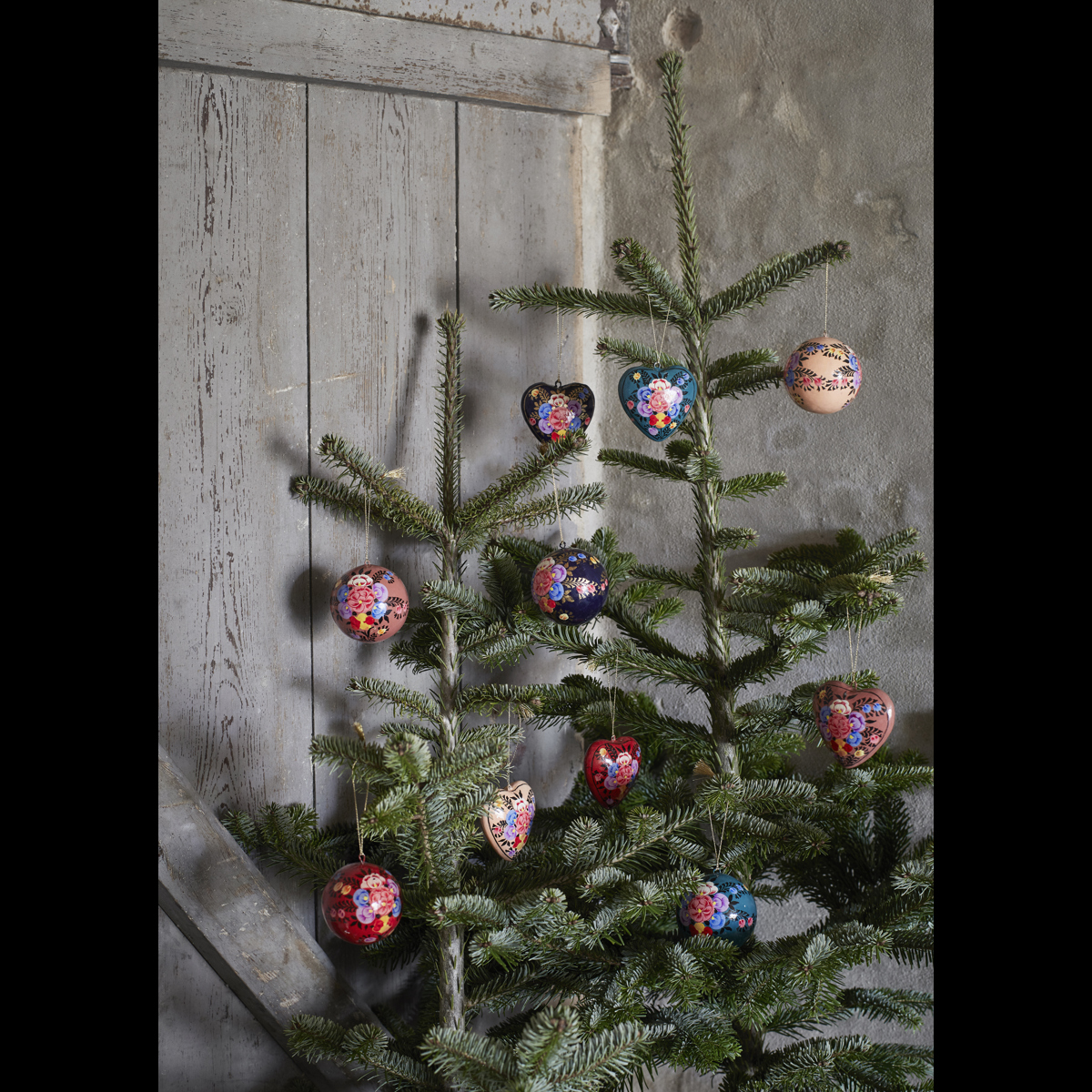 Handmade paper mache christmas hearts