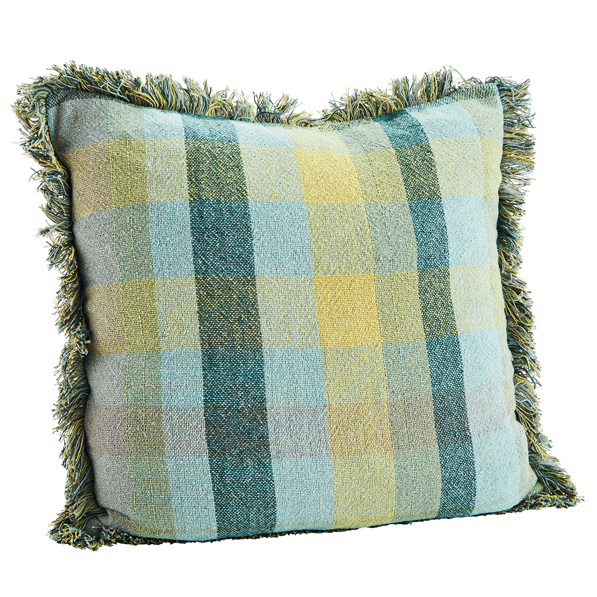 Checked cushion cover w/ fringes