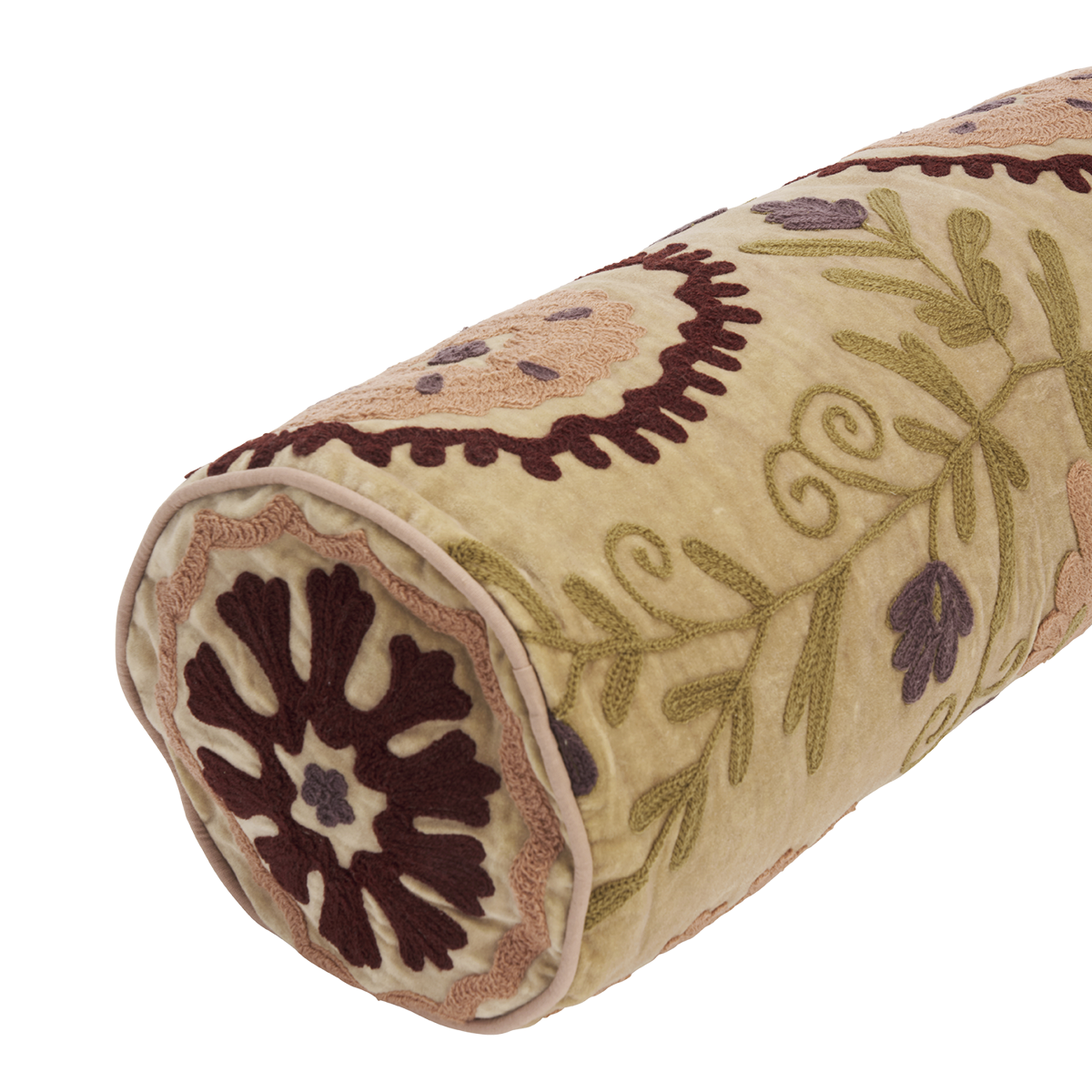 Suzani embroidered velvet bolster cushion