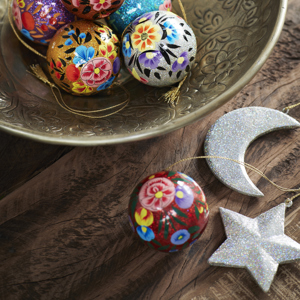 Handmade paper mache glitter ornaments