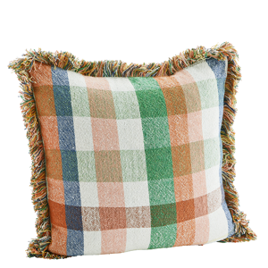 Checked cushion cover w/ fringes