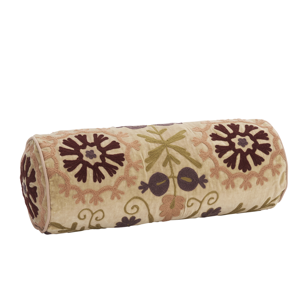 Suzani embroidered velvet bolster cushion