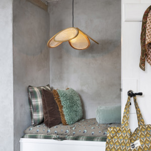 Rattan ceiling lamp w/ linen