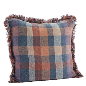 Checked cushion cover w/ fringes