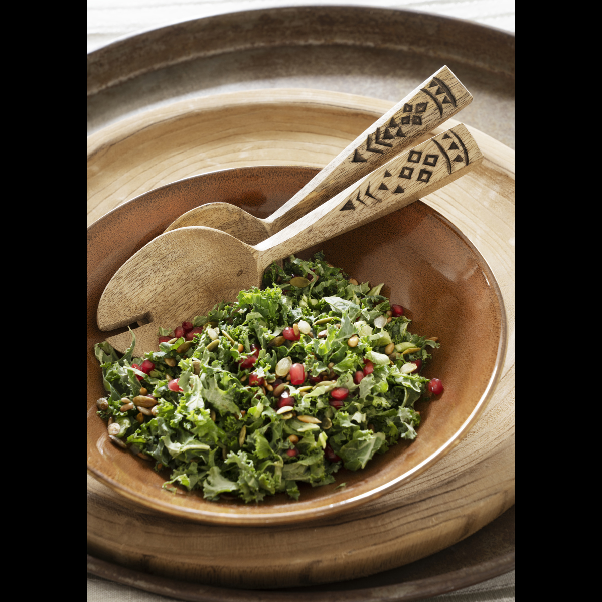Wooden salad set w/ hand carving