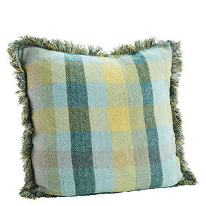 Checked cushion cover w/ fringes