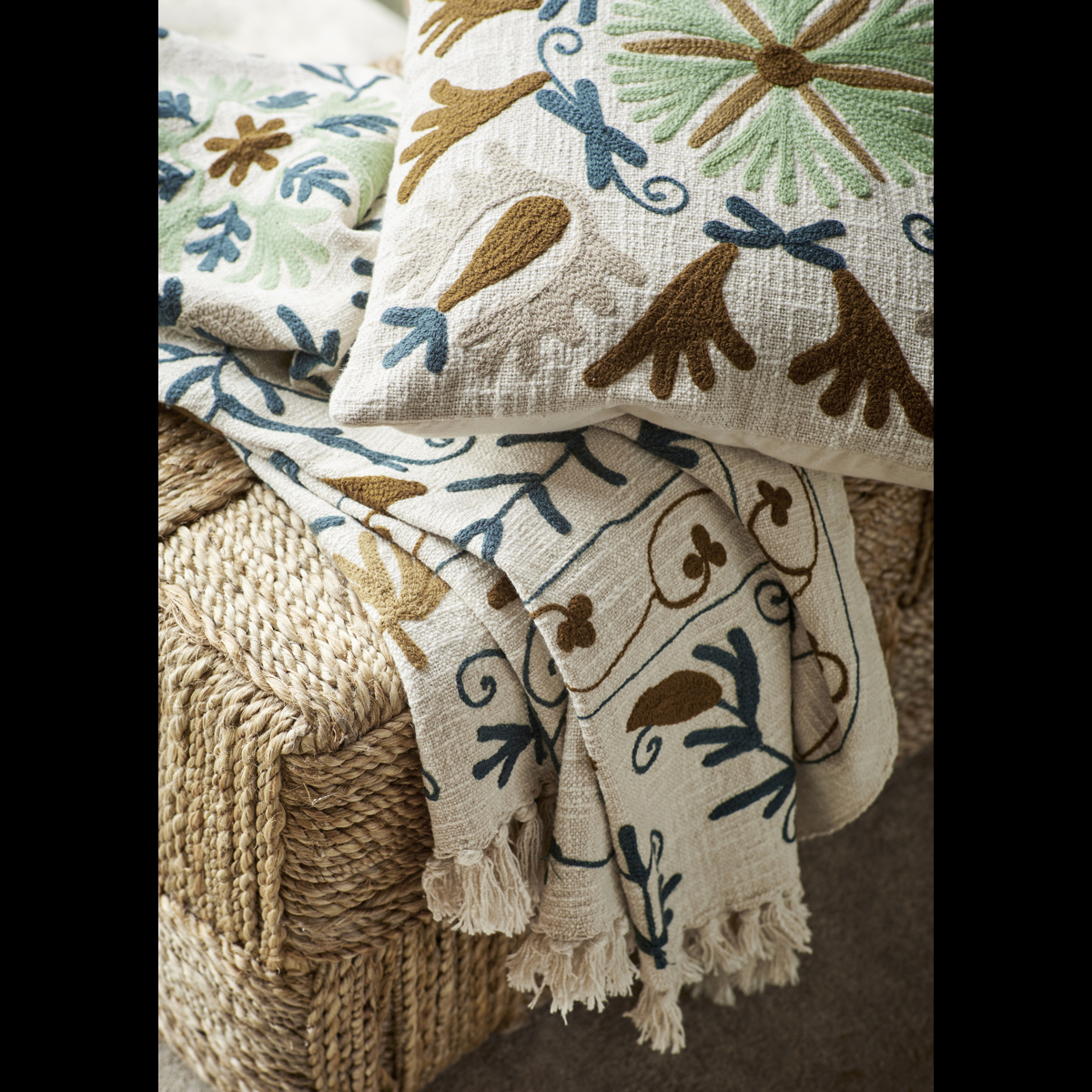 Suzani embroidered cotton throw