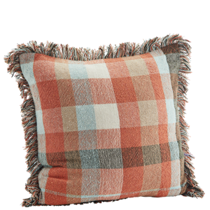 Checked cushion cover w/ fringes