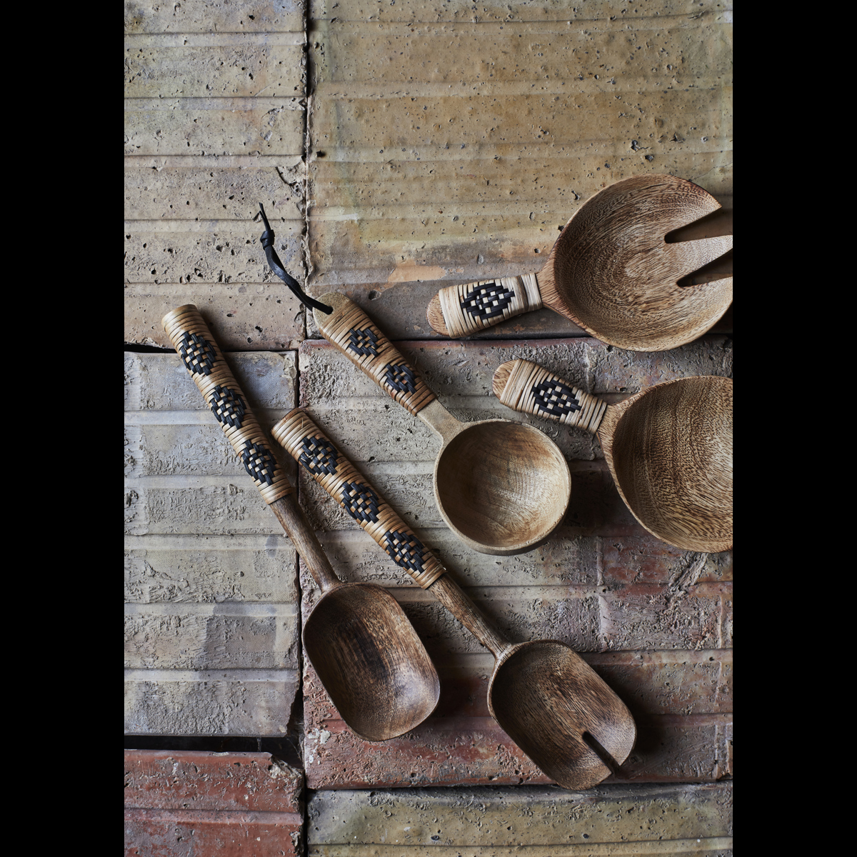 Wooden serving spoon w/ rattan