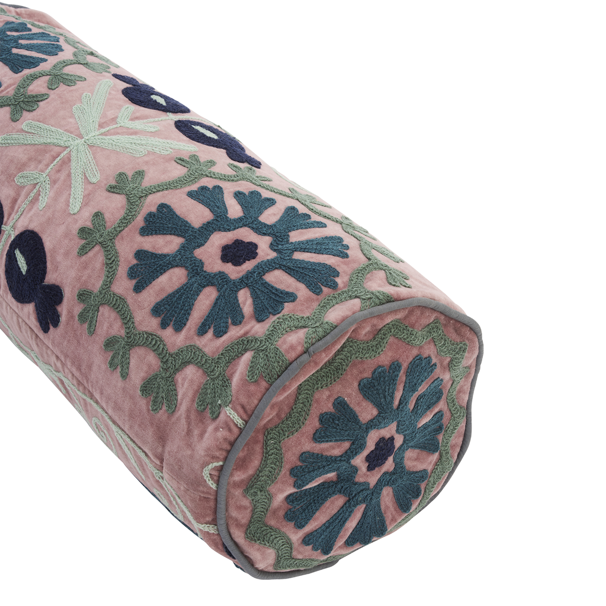Suzani embroidered velvet bolster cushion