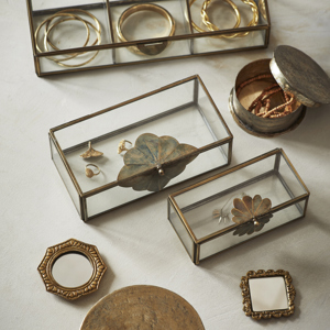Glass boxes w/ brass leaf