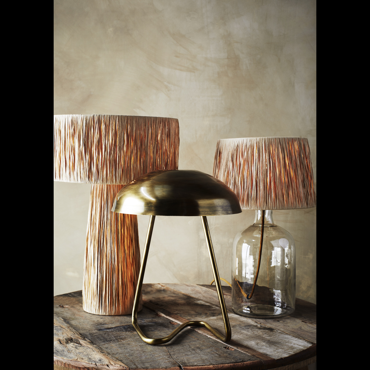 Glass table lamp w/ raffia shade