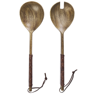 Wooden salad set w/ leather